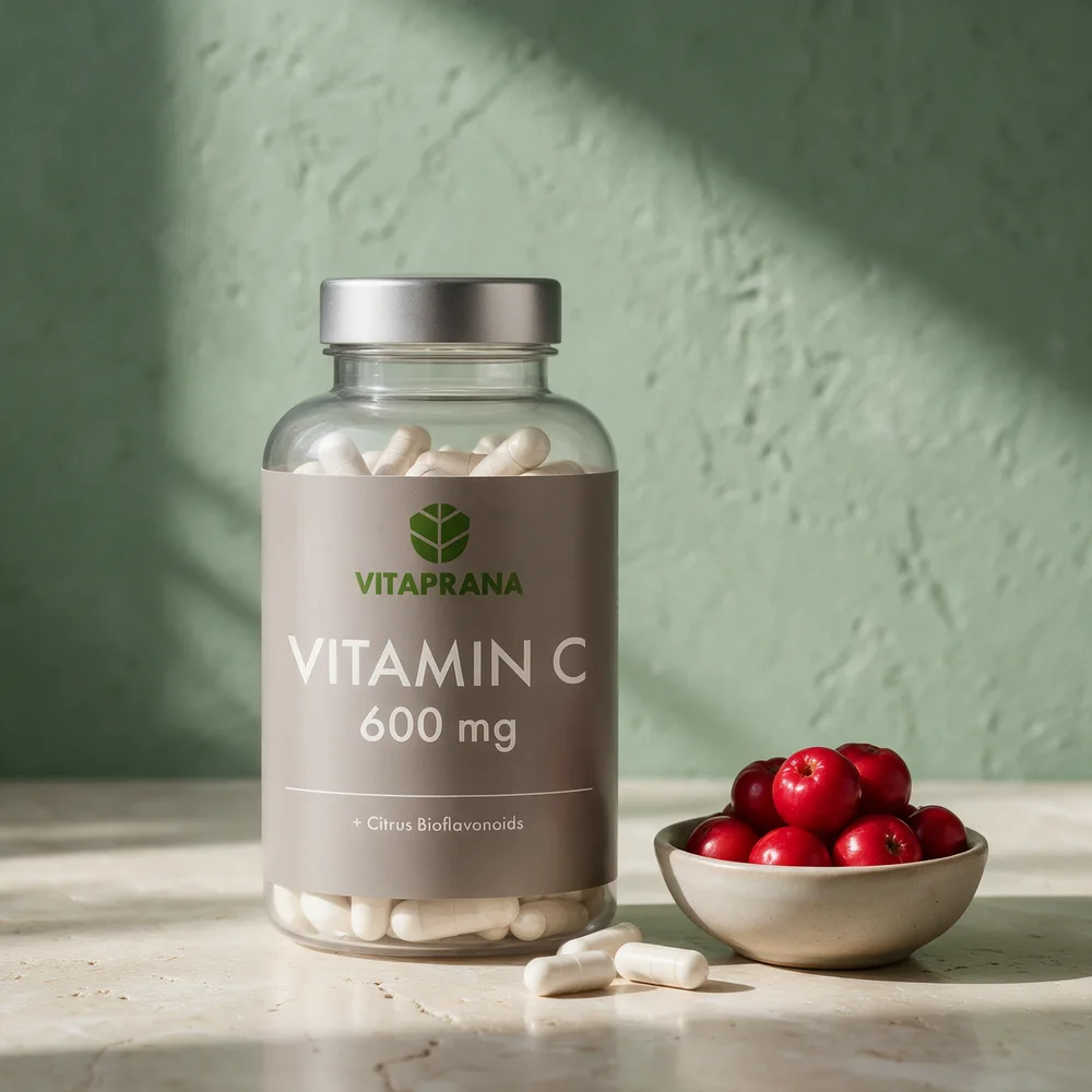 Vitaprana Vitamin C 600 mg med sitrusbioflavonoider, gjennomsiktig boks med avlange hvite kapsler og tre kapsler foran