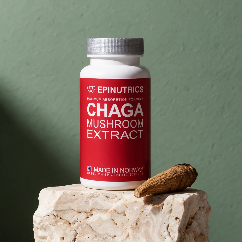 Epinutrics Epi-Chaga, boks merket «Chaga Mushroom Extract» og «Made in Norway»