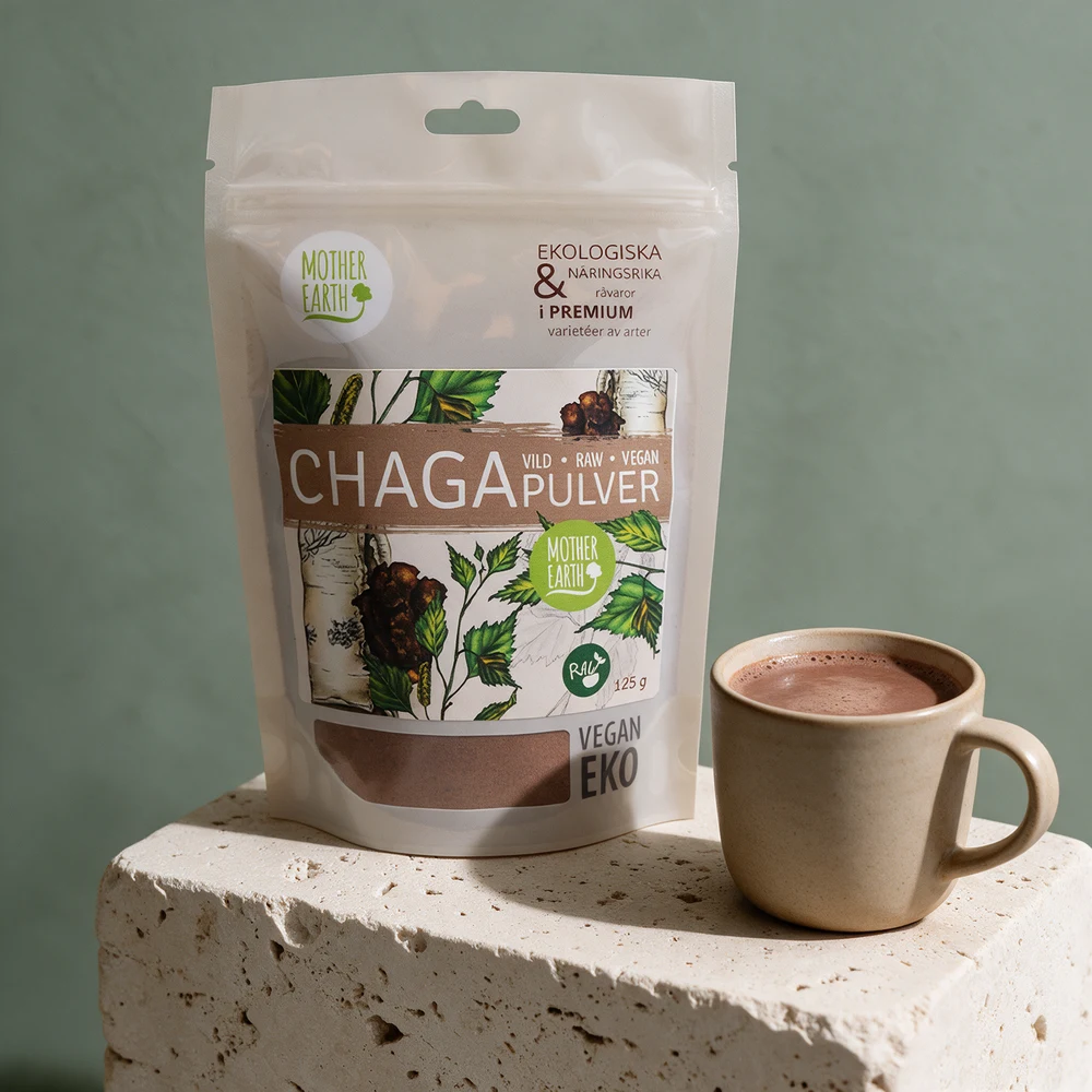 Mother Earth Chagapulver Vild, 125-grams pose der pulveret synes gjennom et vindu