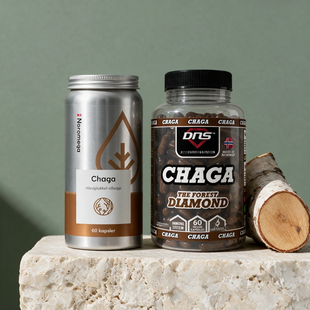 Noromega Chaga i aluminiumsboks og DNS 100% Chaga i klar boks med mørke kapsler