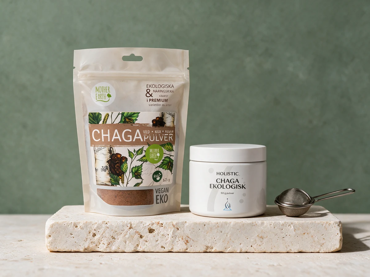 Mother Earth Chagapulver Vild i pose og Holistic Chaga Ekologisk i boks, begge malt chaga uten tilsetninger