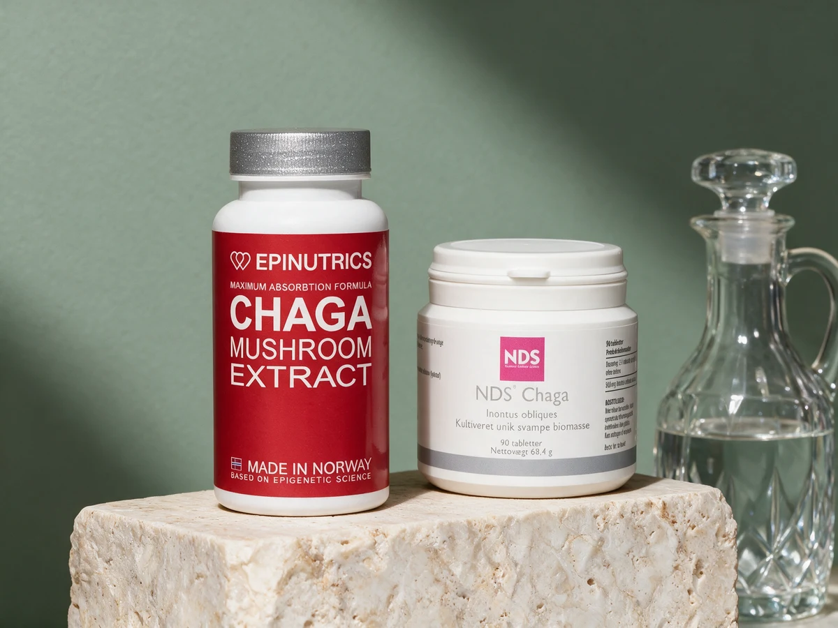 Epinutrics Epi-Chaga, kapsler med chagaekstrakt, og NDS Chaga, 90 tabletter av soppbiomasse