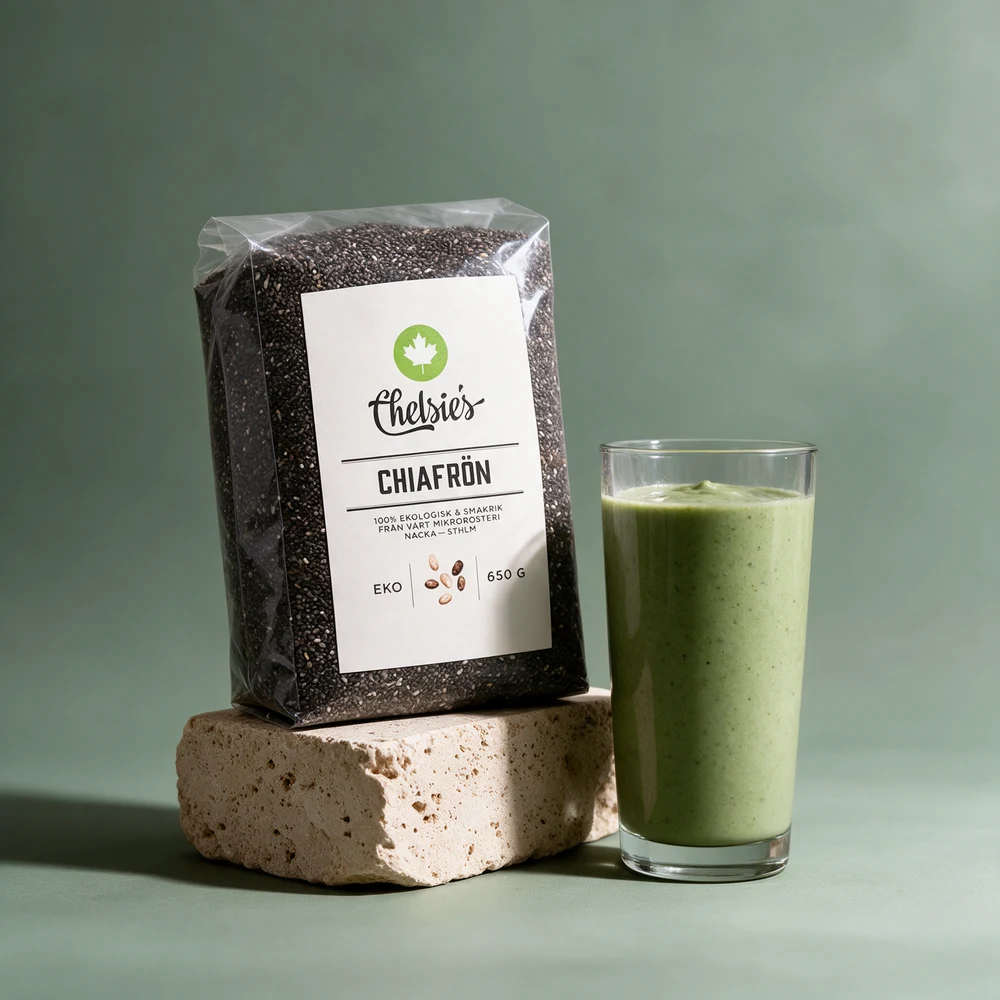 Chelsie's Chiafrø, 650 gram, i helt gjennomsiktig pose fylt med mørke frø