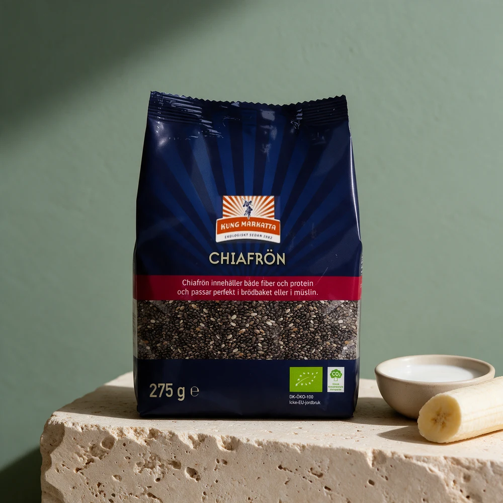 Kung Markatta Chiafrø, 275 gram, i sveiset pute-pose med vindu mot de mørke frøene