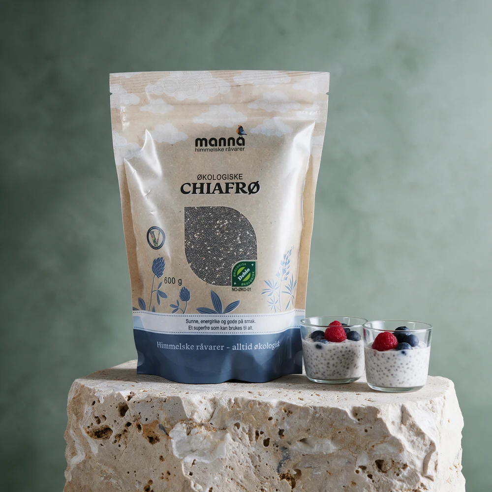 Manna Chiafrø, 600 gram, i stående pose med vindu mot frøene