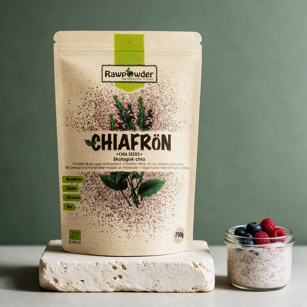 Rawpowder Chiafrø, 750 gram, i stående pose uten vindu