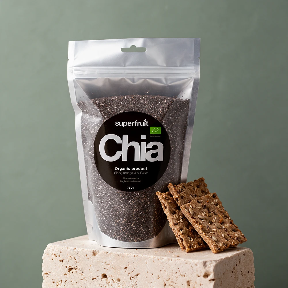 Superfruit Chiafrø, 750 gram, i stående sølvpose med klar front og glidelås