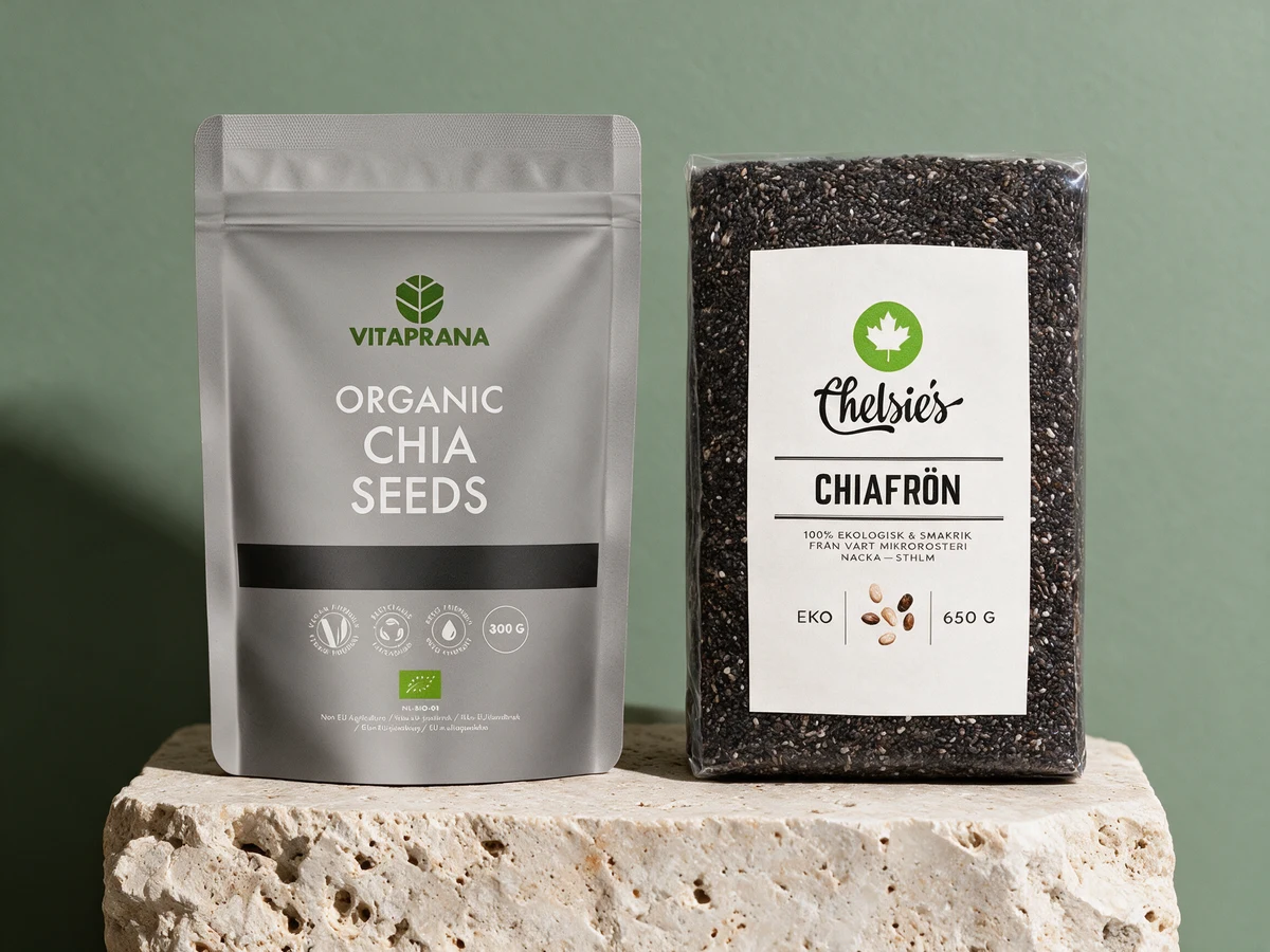 Vitaprana Chiafrø på 300 gram og Chelsie's Chiafrø på 650 gram i gjennomsiktig pose, to poser av ulik størrelse