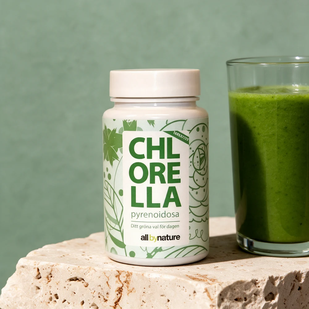 All by Nature Chlorella Pyrenoidosa i en hvit boks med grønt bladmønster ved et høyt glass grønn smoothie på en travertinblokk