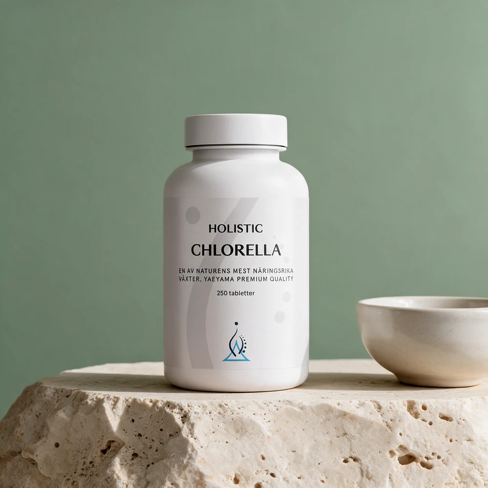 Holistic Chlorella i en hvit boks med hvitt lokk og blå logo ved en liten keramikkskål på en travertinblokk