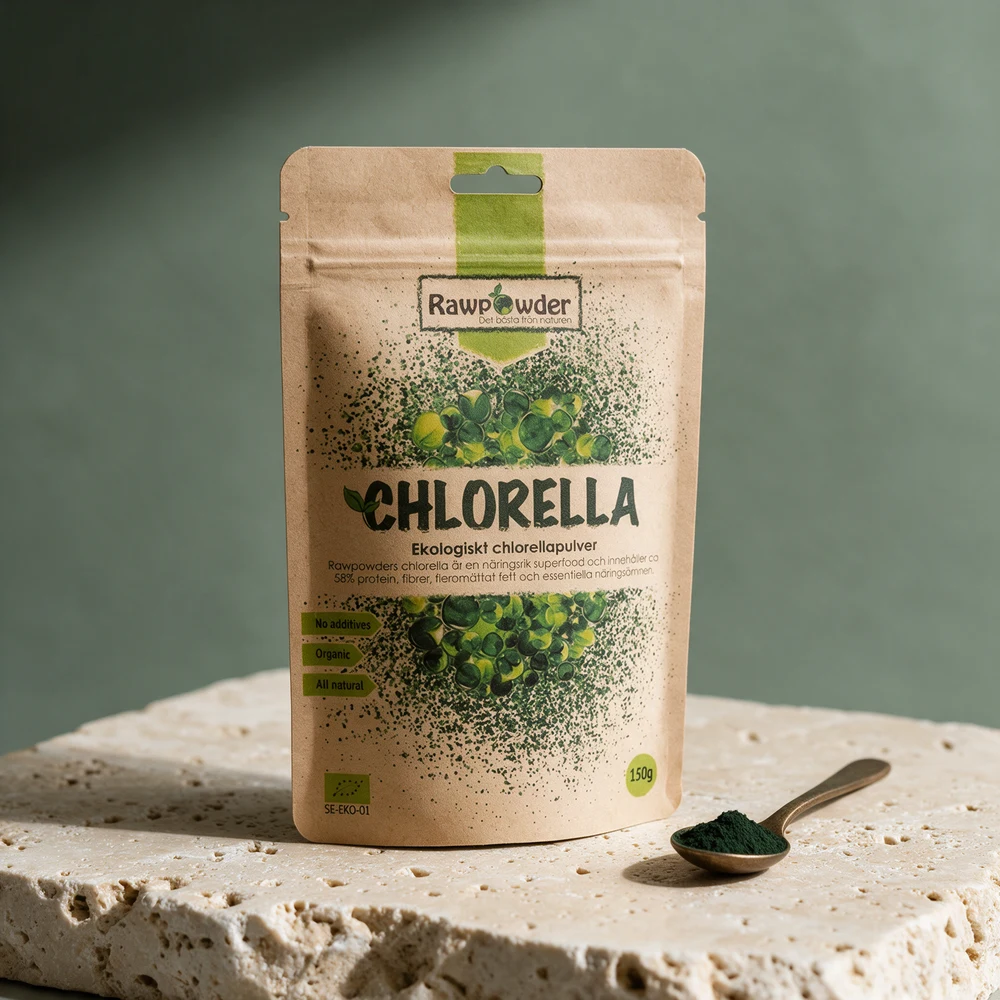 Rawpowder Økologisk Chlorellapulver i en stående pose av brunt kraftpapir ved en teskje med grønt pulver på en travertinblokk