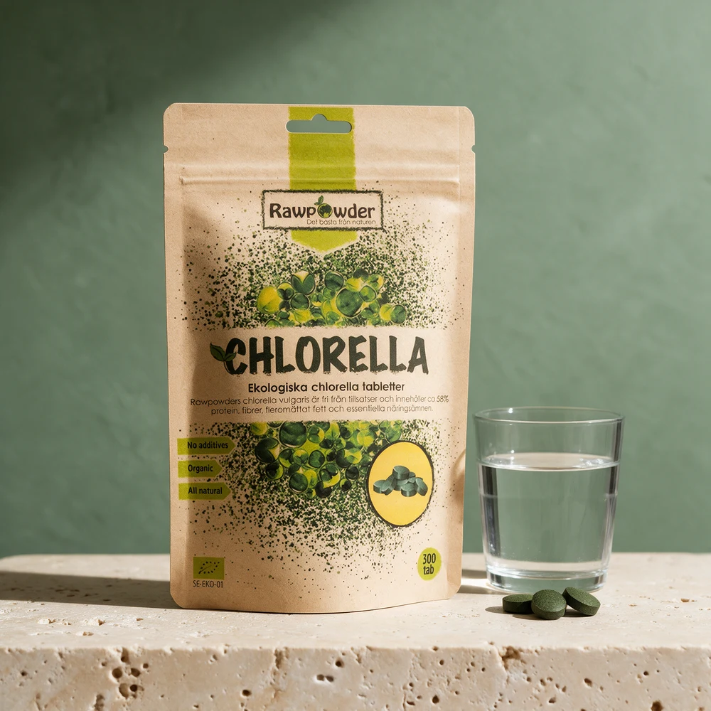 Rawpowder Økologiske Chlorella Tabletter i en stående brun pose av kraftpapir ved et glass vann og tre mørkegrønne tabletter på en travertinblokk
