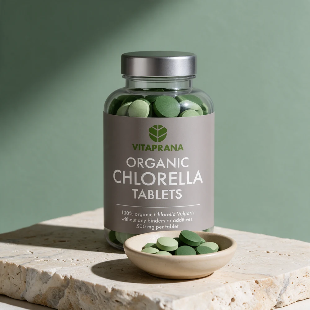 Vitaprana Økologisk Chlorella i en klar boks med sølvfarget lokk og grå etikett, med grønne tabletter synlige, ved en liten keramikkskål med noen tabletter på en travertinblokk