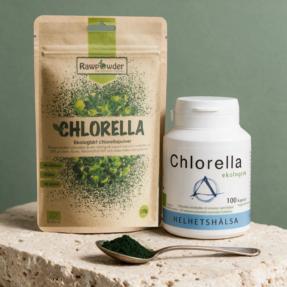 Rawpowder Økologisk Chlorellapulver og Helhetshälsa Chlorella side om side med en skje grønt pulver foran på en travertinblokk