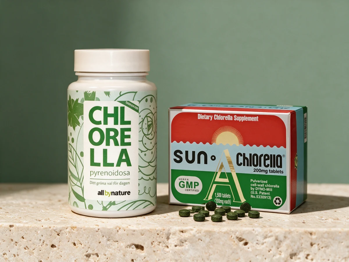 All by Nature Chlorella Pyrenoidosa og Sun Chlorella side om side med noen mørkegrønne tabletter foran esken på en travertinblokk