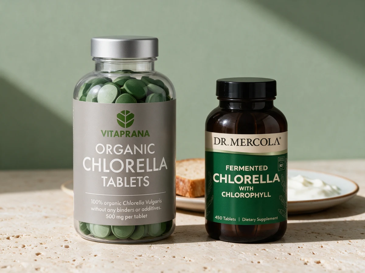 Vitaprana Økologisk Chlorella og Dr. Mercola Fermented Chlorella side om side foran en tallerken med brød og yoghurt på en travertinblokk