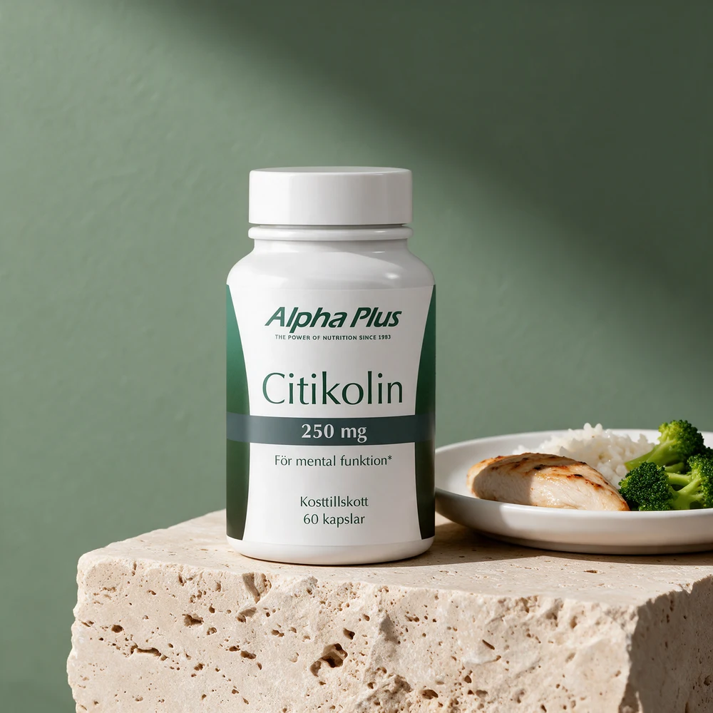Alpha Plus Citikolin, 250 mg og 60 kapsler på etiketten, ved en lunsjtallerken