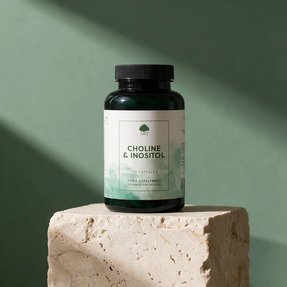 G&G Vitamins Choline & Inositol, mørk flaske med 120 kapsler merket for veganere