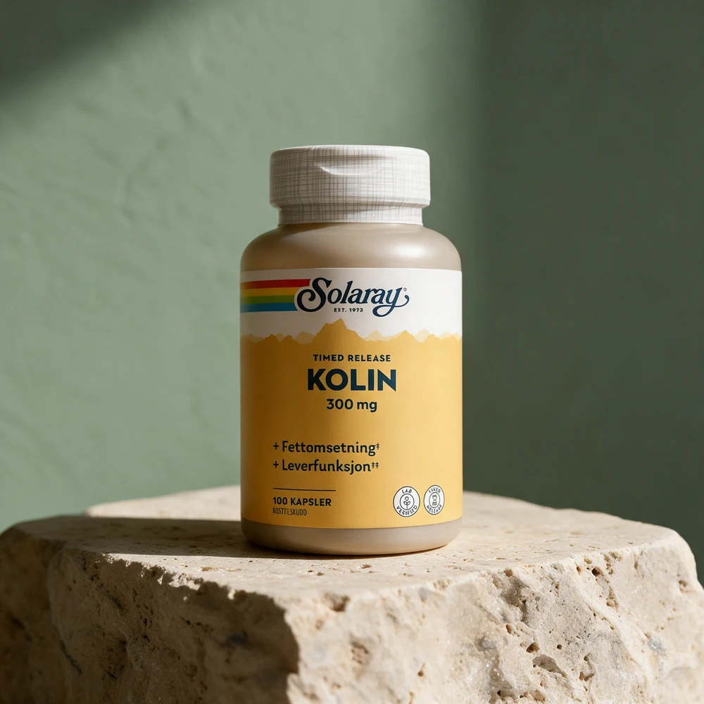 Solaray Kolin med «Timed Release» og 300 mg på etiketten, 100 kapsler
