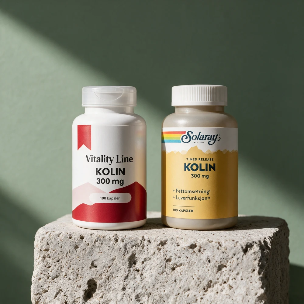 Vitality Line Kolin og Solaray Kolin, begge med 300 mg på etiketten