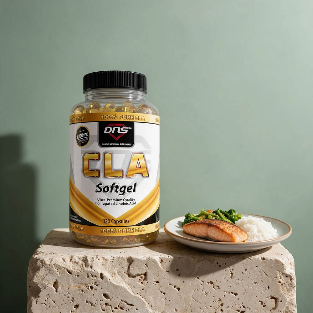 DNS 100% Pure CLA, 120 softgels, med en middag av laks, ris og brokkoli