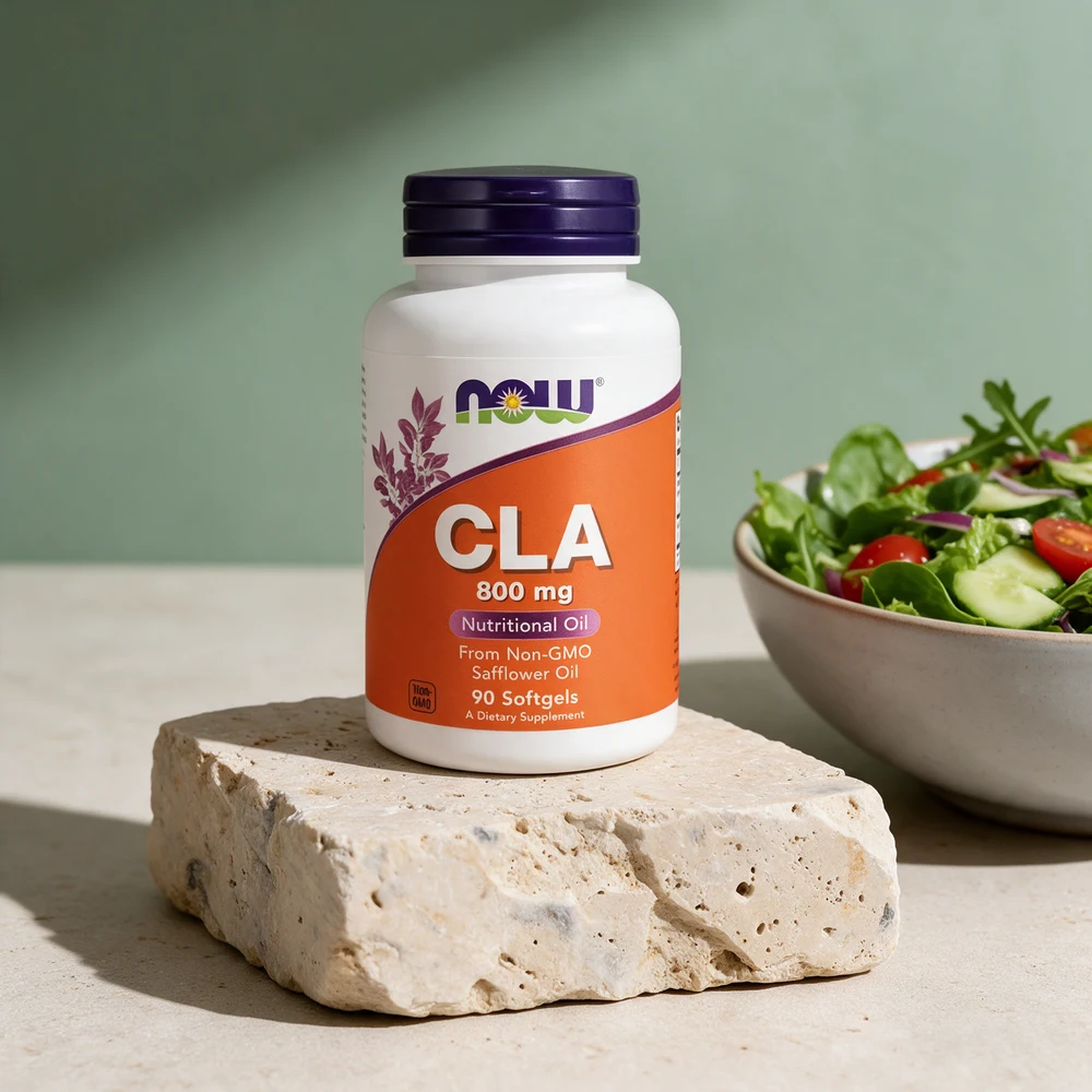 NOW CLA med «800 mg» og «90 Softgels» på forsiden, ved en salatskål