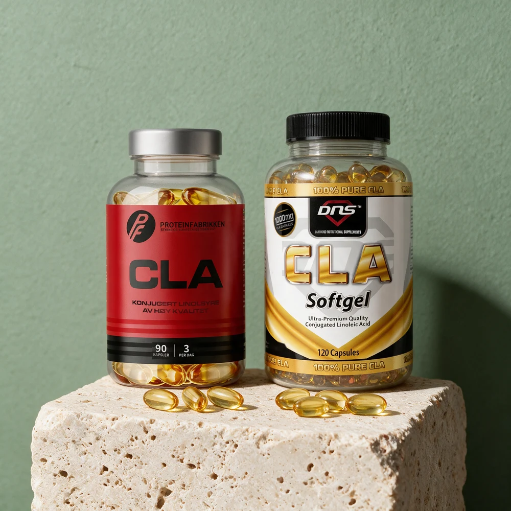 Proteinfabrikken CLA med «90 kapsler, 3 per dag» på etiketten og DNS 100% Pure CLA med 120 kapsler, gylne softgels synlige gjennom begge boksene
