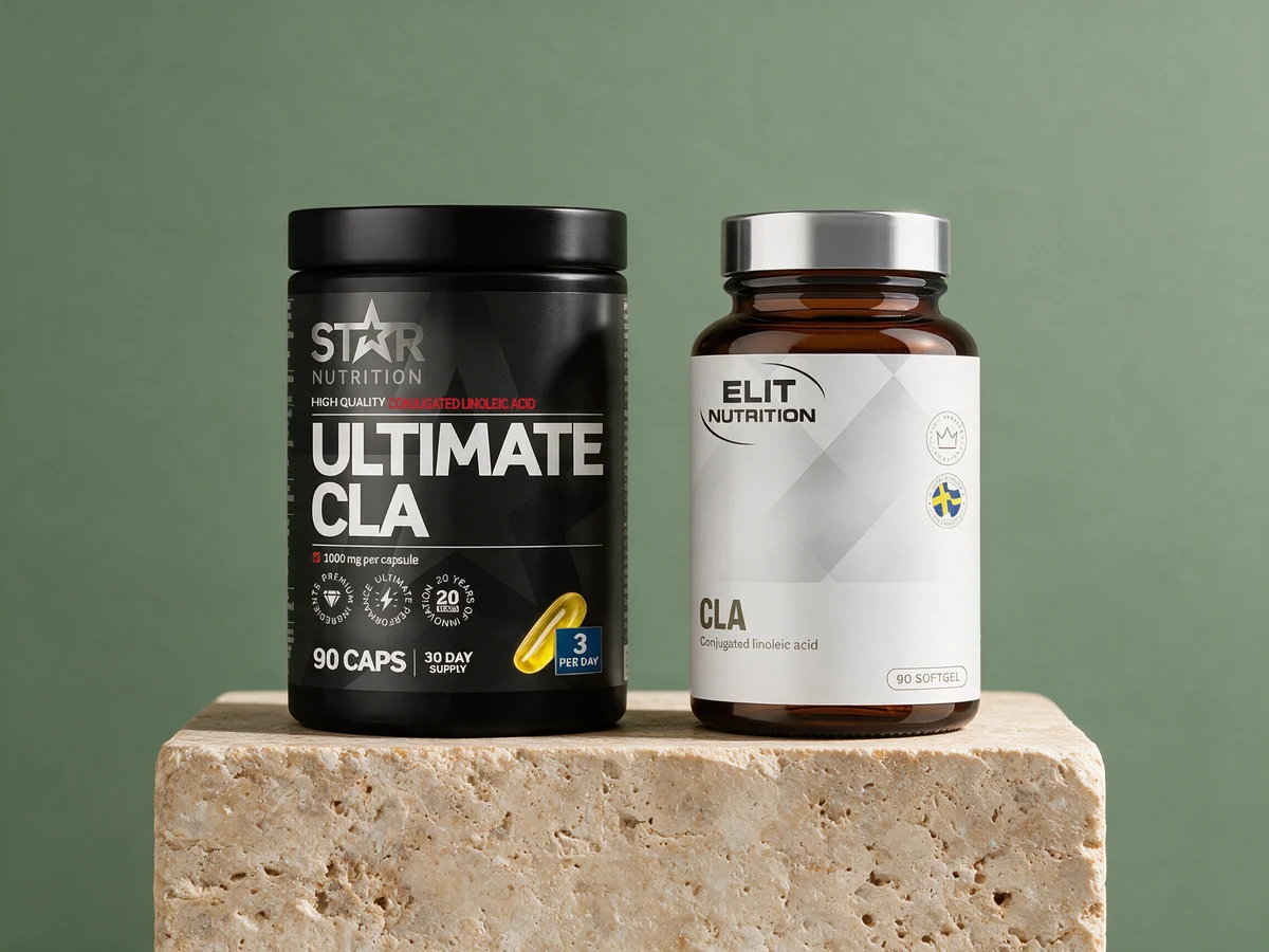 Star Nutrition Ultimate CLA med «1000 mg per capsule» og «3 per day» på boksen, og Elit Nutrition CLA med 90 softgels og ingen mengde på forsiden