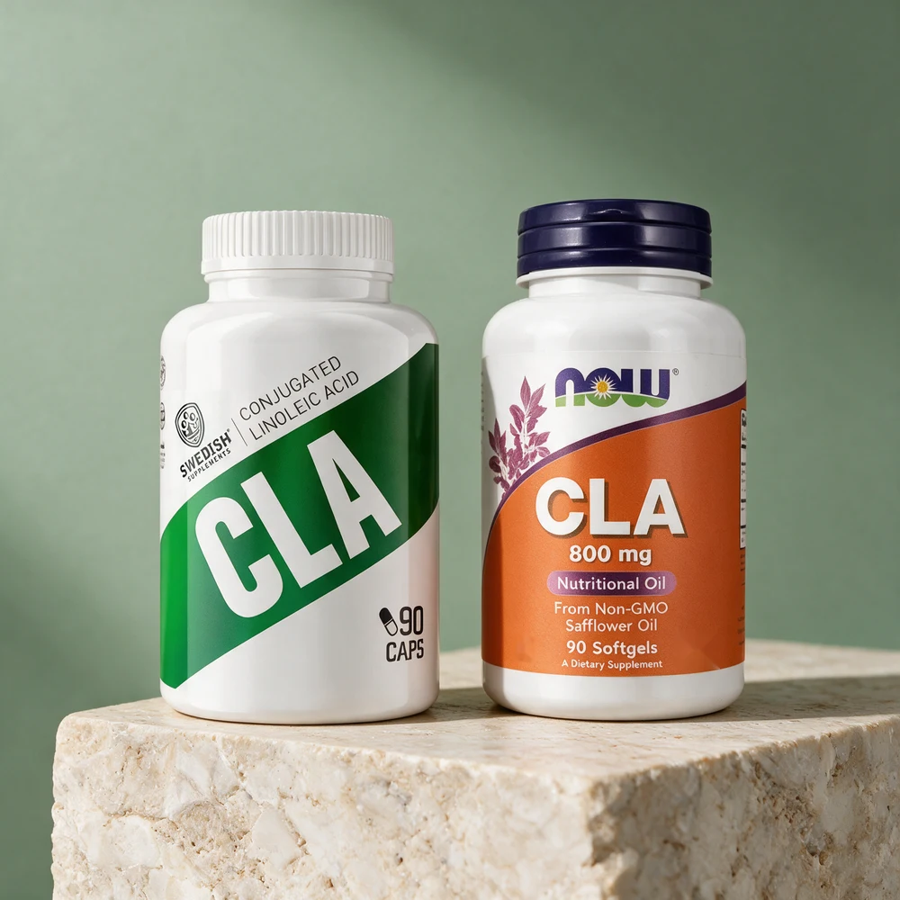 Swedish Supplements CLA og NOW CLA, begge med 90 softgels, der bare NOW har «800 mg» og safflorolje på forsiden