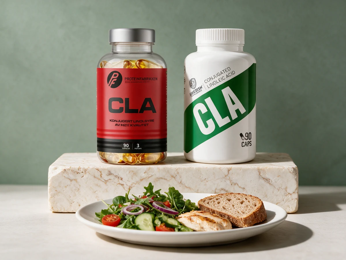 Proteinfabrikken CLA med «3 per dag» og Swedish Supplements CLA, som tas med én kapsel ved hvert måltid, foran en lunsj med salat og brød