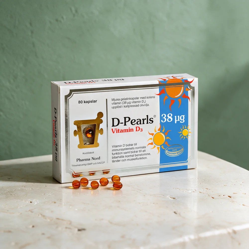 Pharma Nord D-Pearls 38 µg, eske med blisterbrett og små runde ravgule perler
