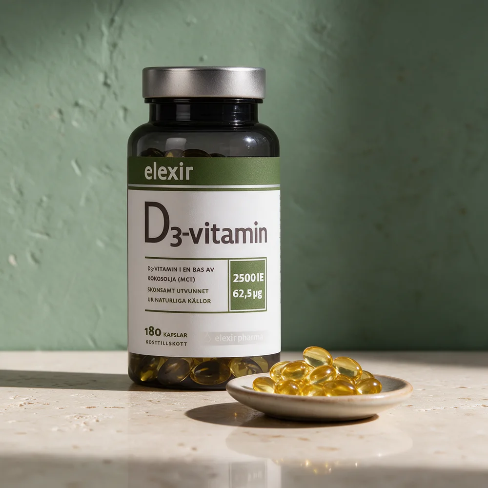 Elexir D3-vitamin 2500 IE, 62,5 µg, burk med 180 gylne oljekapsler