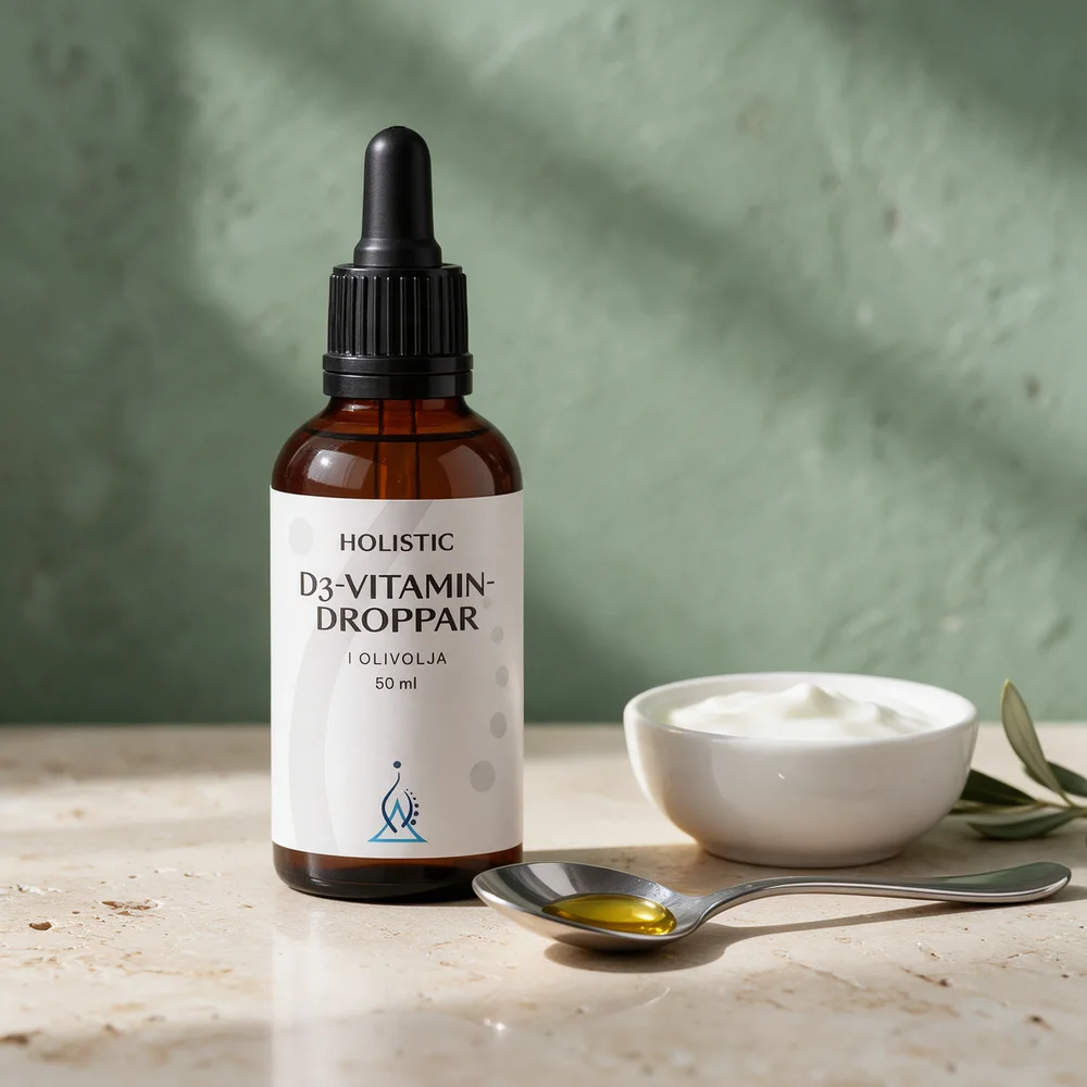 Holistic D3-vitamin dråper i olivenolje, 50 ml flaske med pipette og olje på en skje