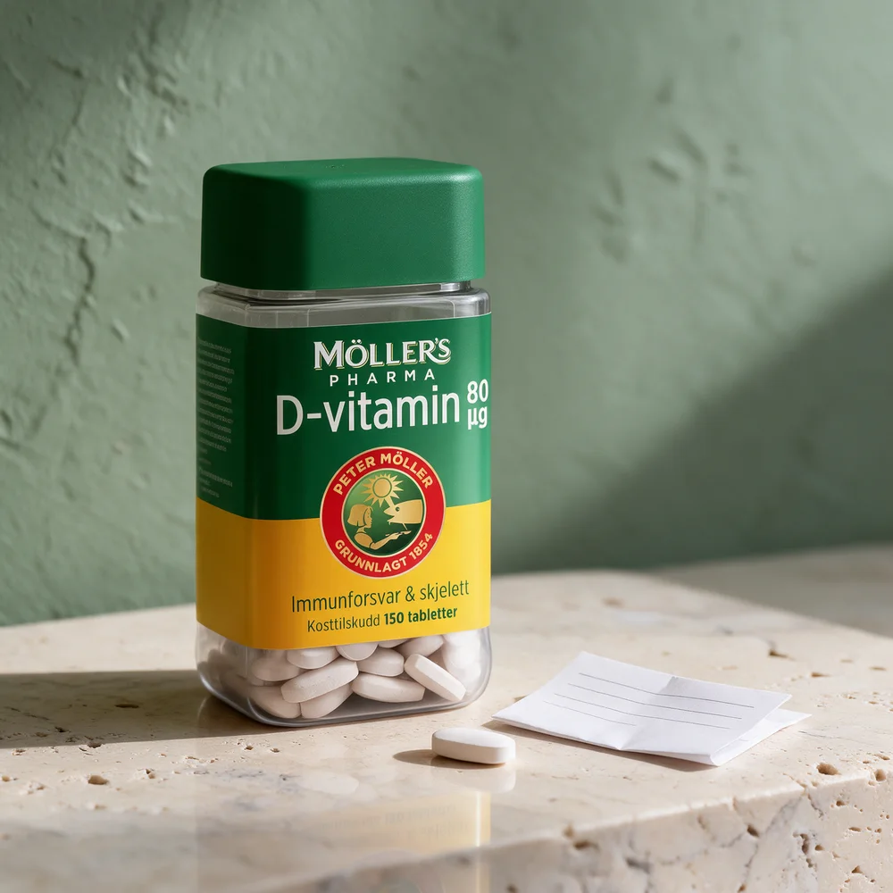 Møllers Pharma D-vitamin 80 µg, firkantet boks med små hvite tabletter