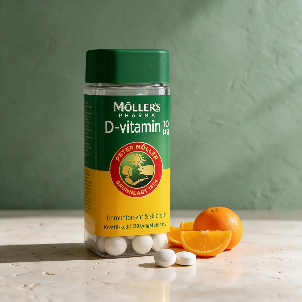 Møllers Pharma D-vitamin tyggetabletter 10 µg, boks med runde hvite tabletter