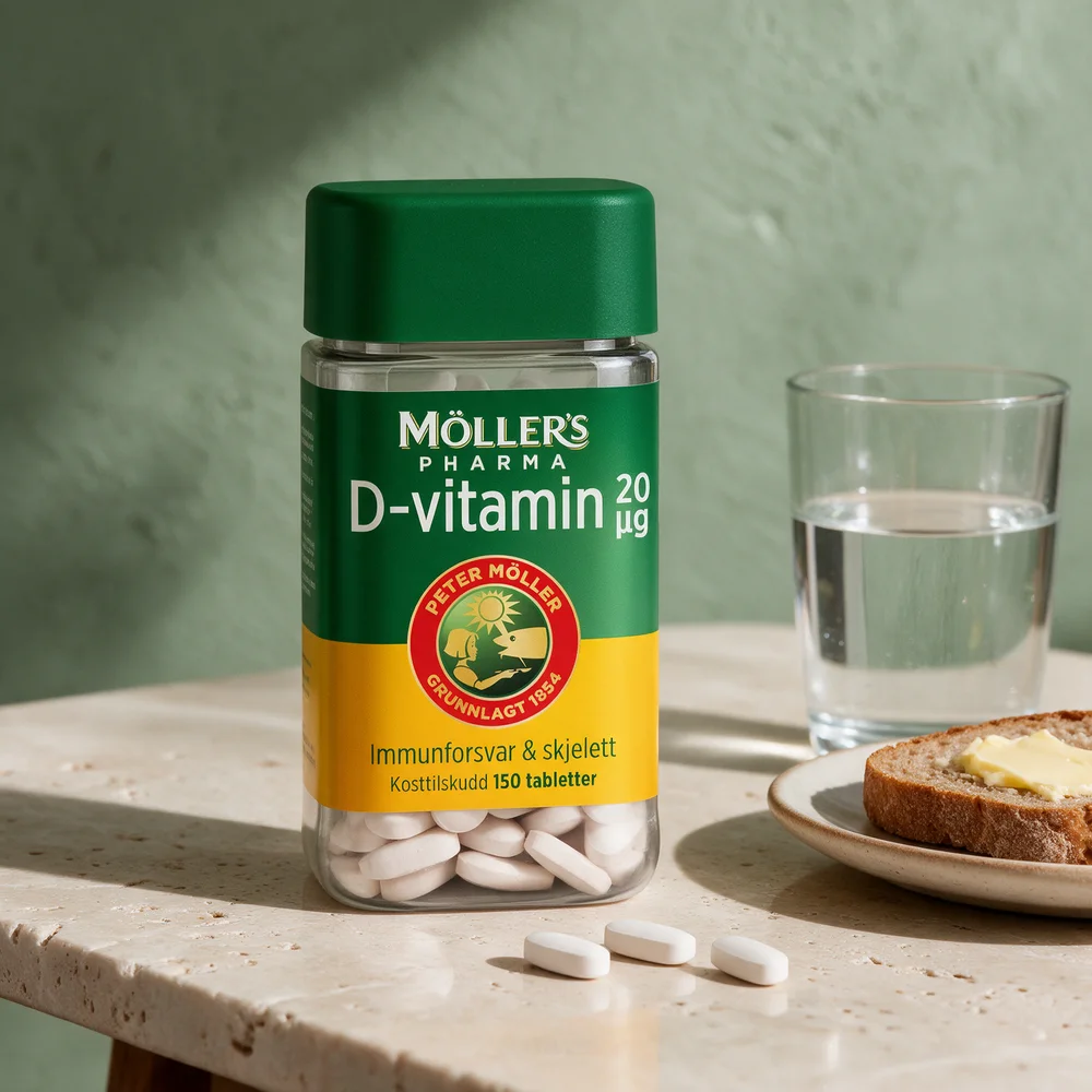 Møllers Pharma D-vitamin 20 µg, boks med 150 tabletter og tre løse tabletter foran