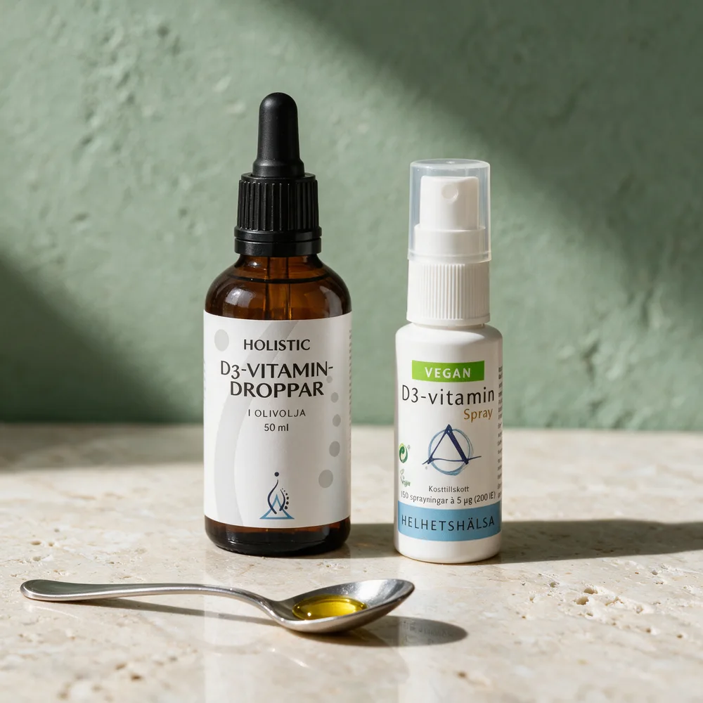 Holistic D3-vitamin dråper i brun glassflaske med pipette og Helhetshälsa D3-vitamin spray i hvit flaske med pumpe