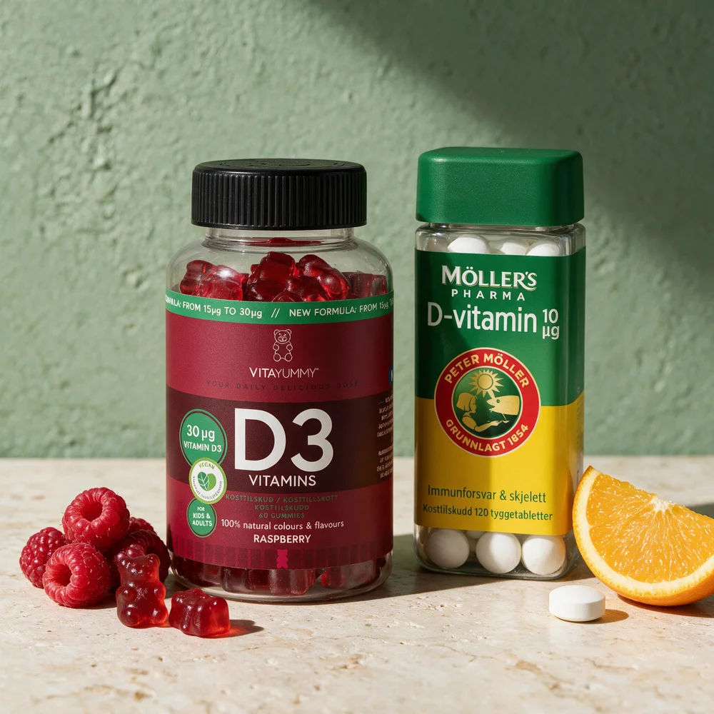 VitaYummy Vitamin D3 Gummies i plastboks med røde gummibjørner og Møllers Pharma D-vitamin tyggetabletter med runde hvite tabletter