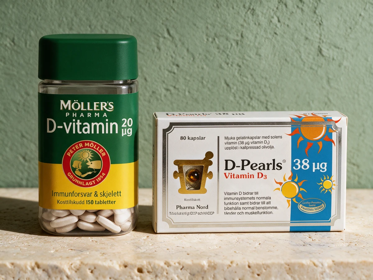 Møllers Pharma D-vitamin 20 µg, en firkantet plastboks med grønt lokk og avlange hvite tabletter, og Pharma Nord D-Pearls 38 µg, en hvit pappeske med blisterbrett og en rav perle i vinduet