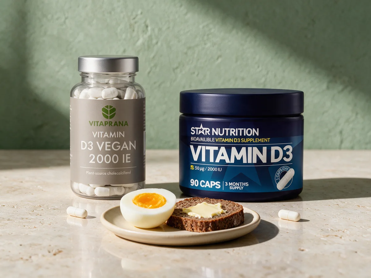 Vitaprana Vitamin D3 Vegan i klar glassboks og Star Nutrition Vitamin D3 i rund mørkeblå boks, begge med hvite kapsler uten olje