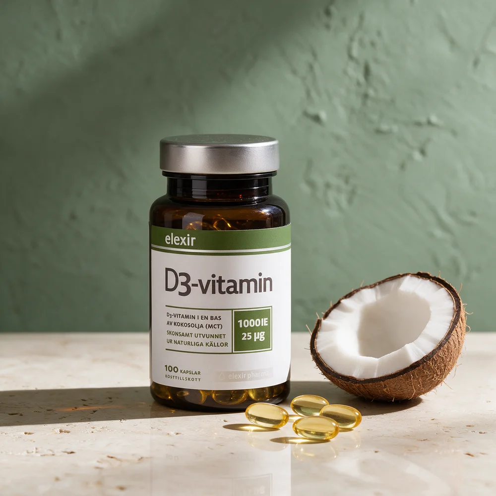 Elexir D3-vitamin 25 µg, boks med 100 kapsler og små gylne oljekapsler foran