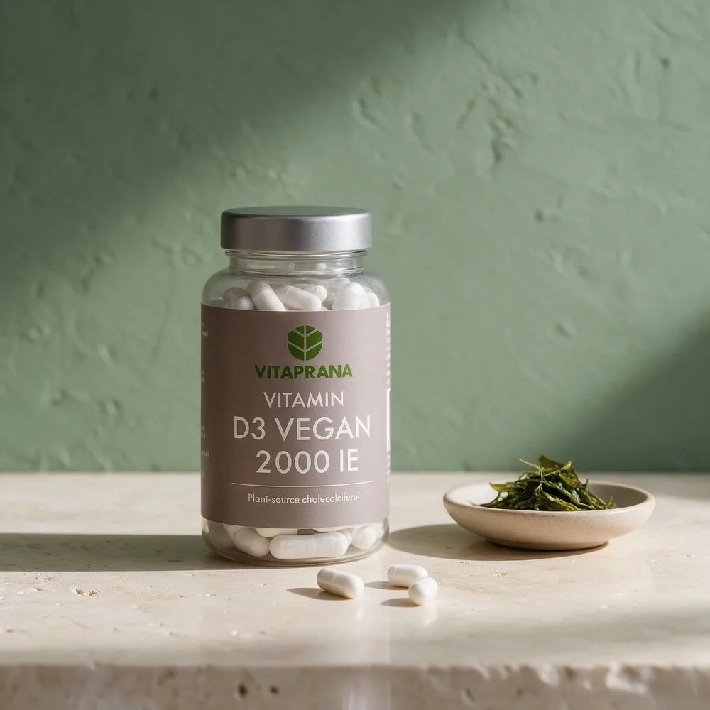 Vitaprana Vitamin D3 Vegan 2000 IE, boks med hvite pullulankapsler