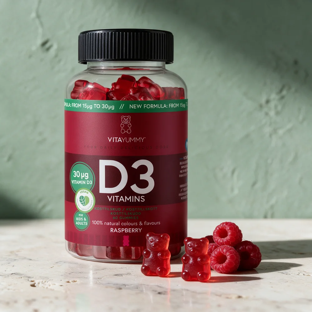 VitaYummy Vitamin D3 Gummies 30 µg, boks med røde gummibjørner