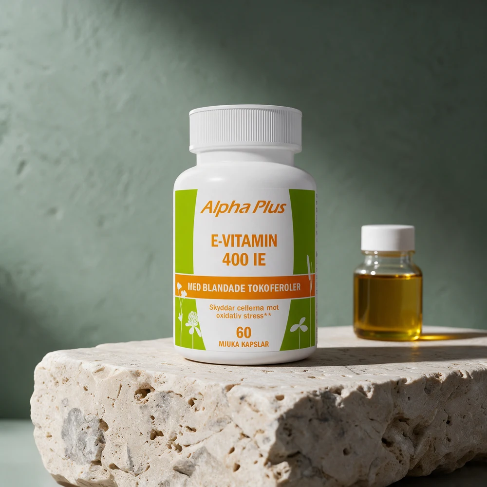 Alpha Plus E-vitamin 400 IE «med blandade tokoferoler», boks med 60 myke kapsler