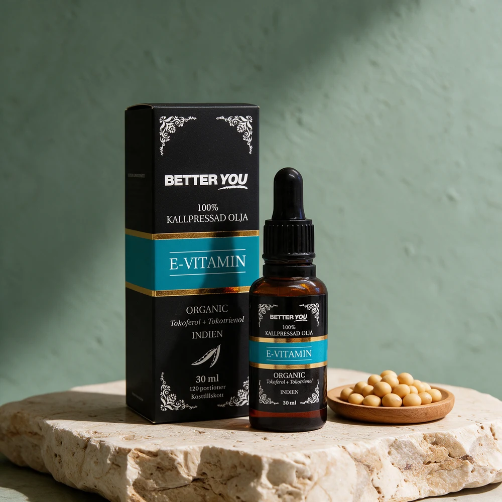 Better You E-vitaminolje på 30 ml, eske og dråpeflaske merket «Organic» og «Indien»