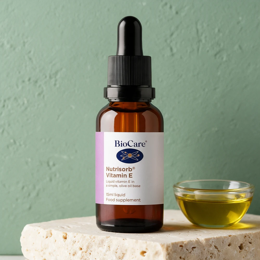 BioCare Nutrisorb Vitamin E, dråpeflaske på 15 ml merket «olive oil base»