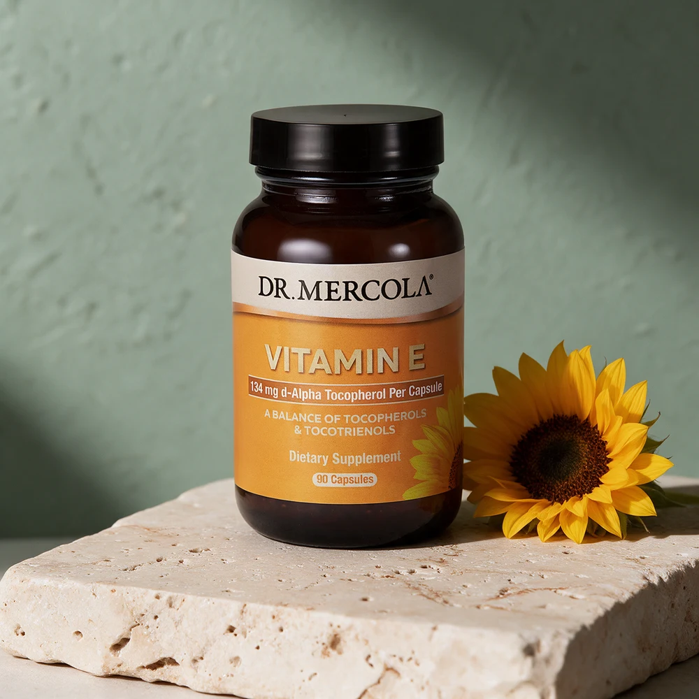 Dr. Mercola Vitamin E, glass med 90 kapsler og 134 mg d-alfa per kapsel