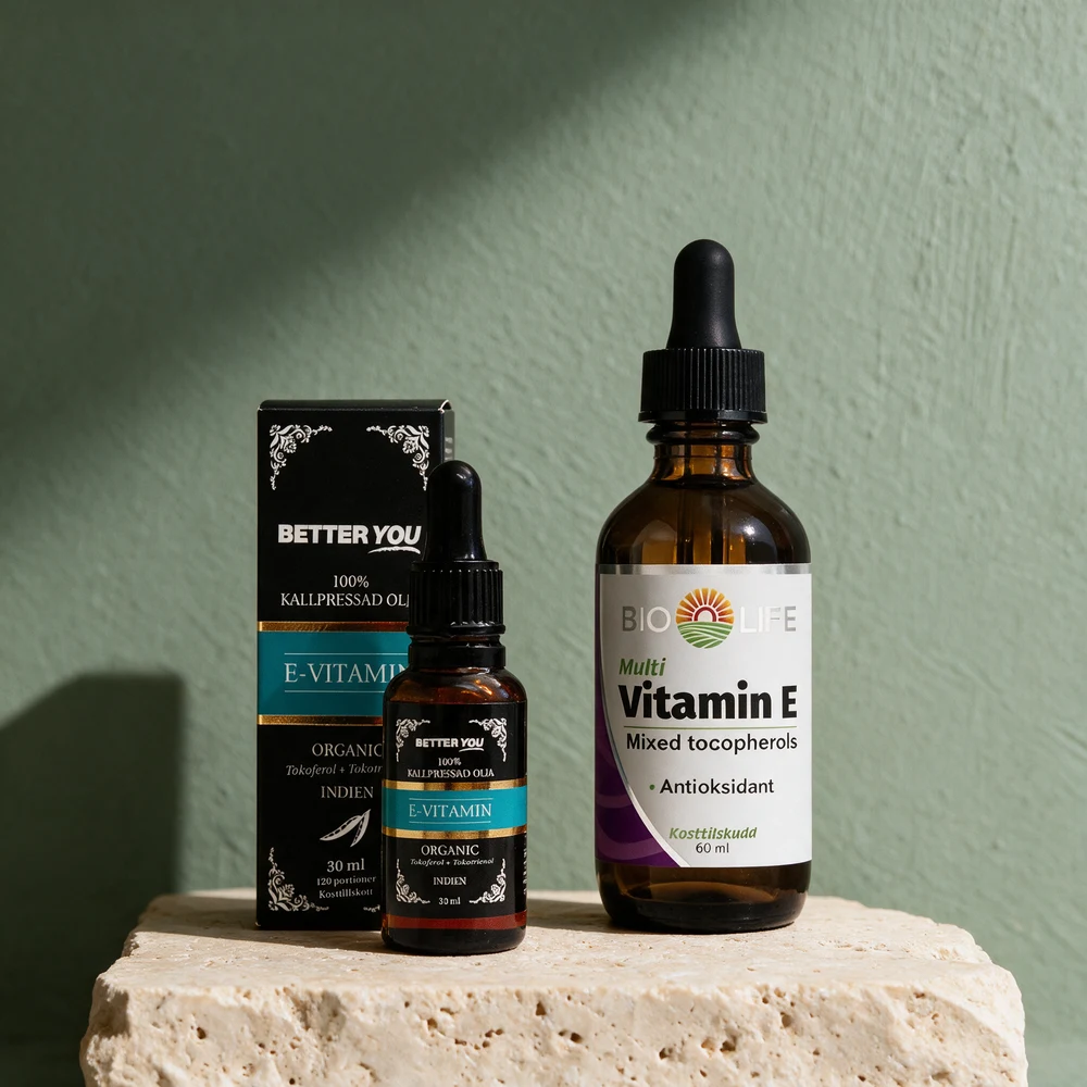 Better You E-vitaminolje i svart eske med en liten brun pipetteflaske foran, og Bio Life E-vitamin dråper i en større brun pipetteflaske