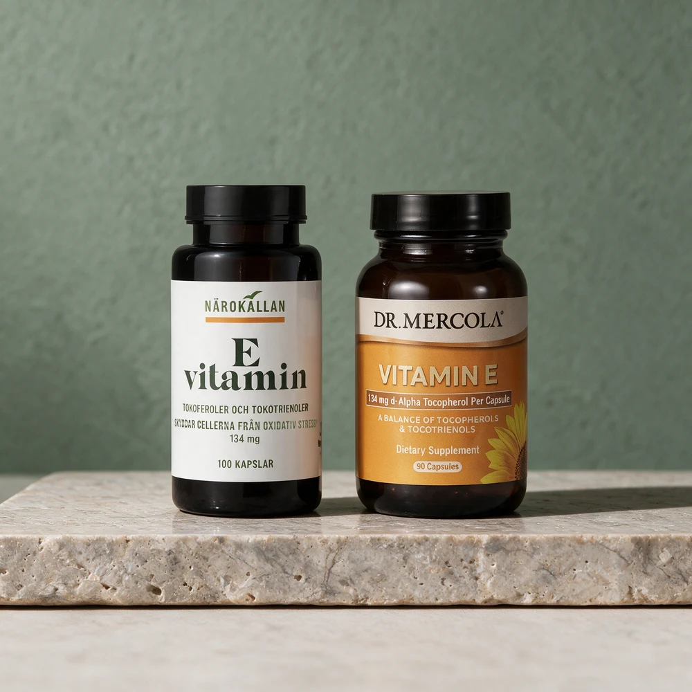 Närokällan E-vitamin i mørk boks og Dr. Mercola Vitamin E i brunt glass, begge med plantekapsler