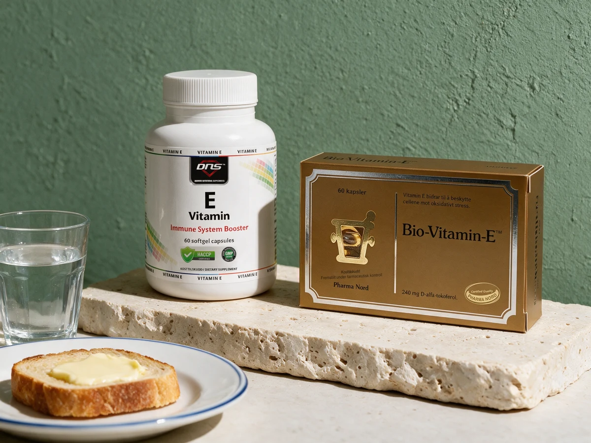 DNS E-vitamin-boksen og Pharma Nord Bio-Vitamin-E-esken med en smurt brødskive
